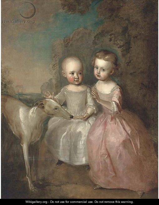 Double portrait of a boy and a girl in a landscape, full-length, with a greyhound, he in an oyster satin dress, she in a pink dress - Philipe Mercier