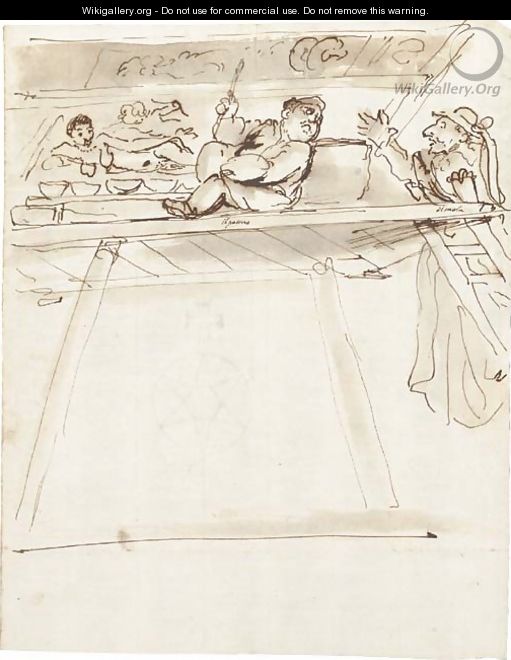 A caricature of Pier Francesco Mola interrupting Giovanni Battista Passeri painting a ceiling decoration of a reclining Venus - Pier Francesco Mola