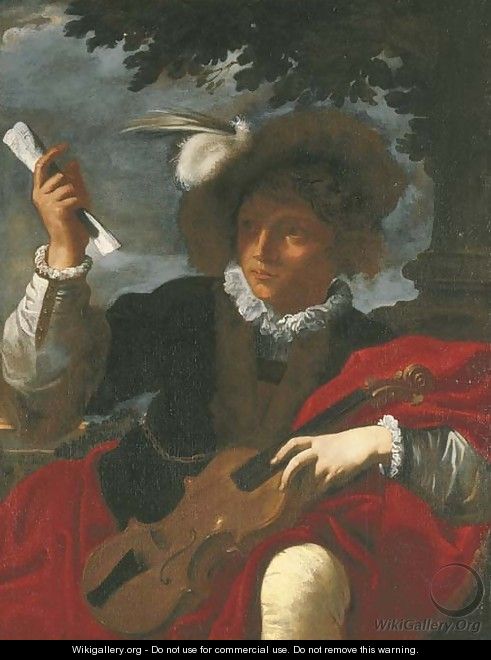 A boy in a plumed hat holding a violin and a sheet of music - Pier Francesco Mola