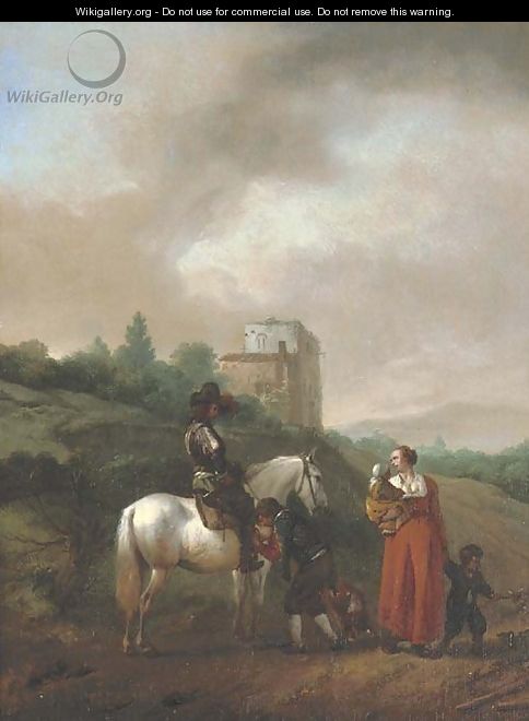 A man on a white horse conversing with a woman and children on a track, a house beyond - Philips Wouwerman