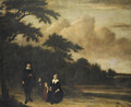 Group portrait of a gentleman and a lady with their children in an extensive wooded landscape - Philips Koninck