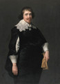 Portrait of a gentleman, three-quarter-length, in a black doublet with slashed sleeves, black hose and sash, his gloves in his left hand - Paulus Moreelse