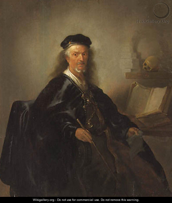Portrait of a Mathematician, seated three-quarter-length, in a black cloak, holding a stick and a piece of paper, a book of geometry beside him - Paulus Lesire