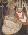 Zwei sitzende Madchen vor Birkenstammen - Paula Modersohn-Becker