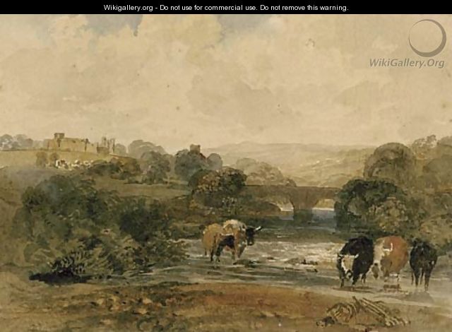 Cows beside the river, a castle on the hill beyond, in a rural landscape - Peter de Wint
