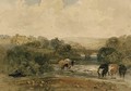 Cows beside the river, a castle on the hill beyond, in a rural landscape - Peter de Wint