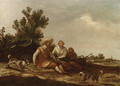 A dune landscape with travellers restingby a fence and dogs playing in the foreground, sheep in a meadow and a church spire beyond - Pieter de Neyn
