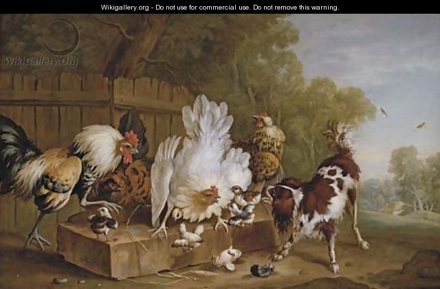 A spaniel disturbing chickens by a fence in a landscape - Pieter Casteels