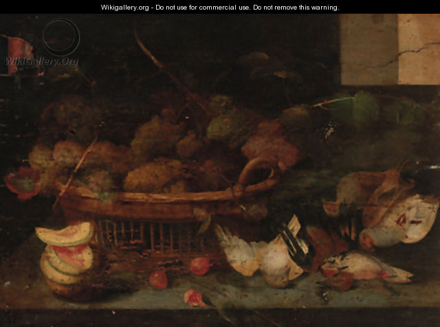 A basket of grapes, with other fruit and dead birds on a ledge - Peter Paul Binoit