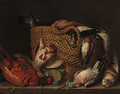 A pheasant, pigeon, owl, and a basket with a partridge, duck, lapwing and woodcock on a ledge - Pieter Andreas Rysbrack