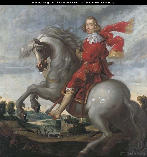 An equestrian portrait of the Cardinal-Infante Ferdinand (1609-1641), an extensive river landscape beyond - Pauwels I van Hillegaert