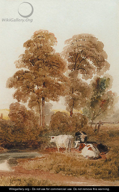 Cattle by a stream in a wooded landscape, near Cookham, Berkshire - Peter de Wint