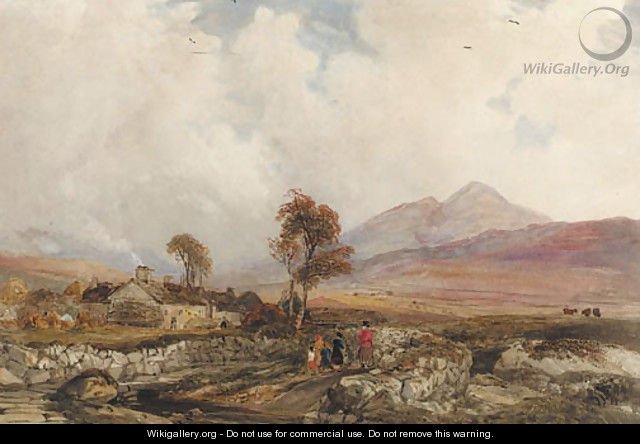 An extensive landscape with figures on a track and buildings beyond, Wales - Peter de Wint