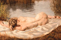 A reclining nude on the banks of a river - Peter Von Hamme