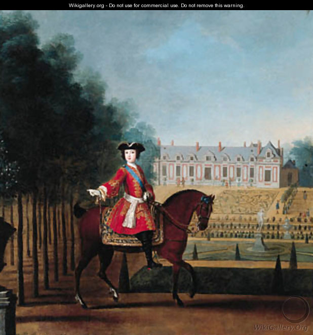 Portrait of a nobleman on horseback, a palace and gardens beyond - Peter Tillemans