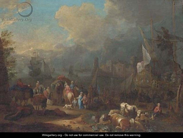 An Italianate harbour with peasants and elegant figures by a frigate - Peter Tillemans