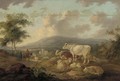 Figures on a track returning to a village, cattle and sheep in the foreground - Peter Le Cave