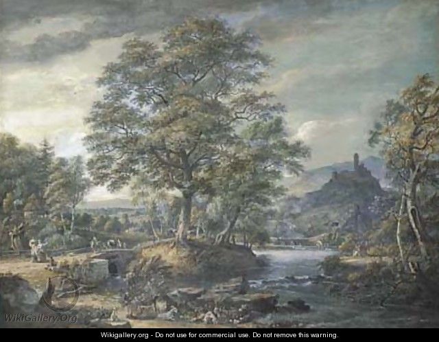 An extensive river landscape with travellers and donkeys crossing a bridge with a fortified castle beyond - Paul Sandby