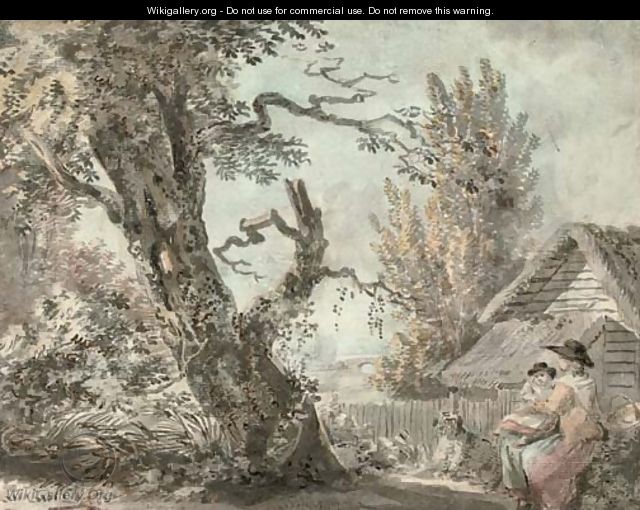 A mother and child seated in a garden - Paul Sandby