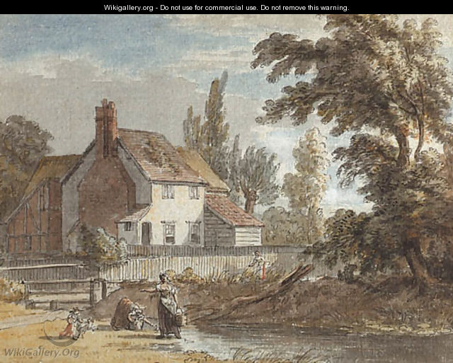 A cottage by a river with figures in the foreground - Paul Sandby