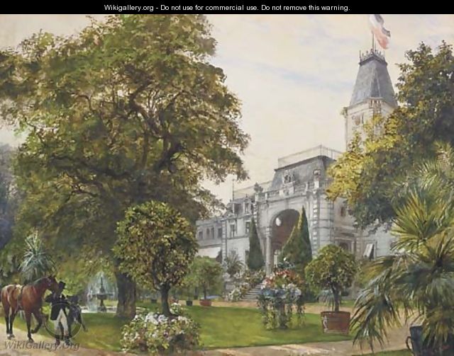 A large house with a blooming garden, a rider with a horse in the foreground - Paul Friedrich Meyerheim