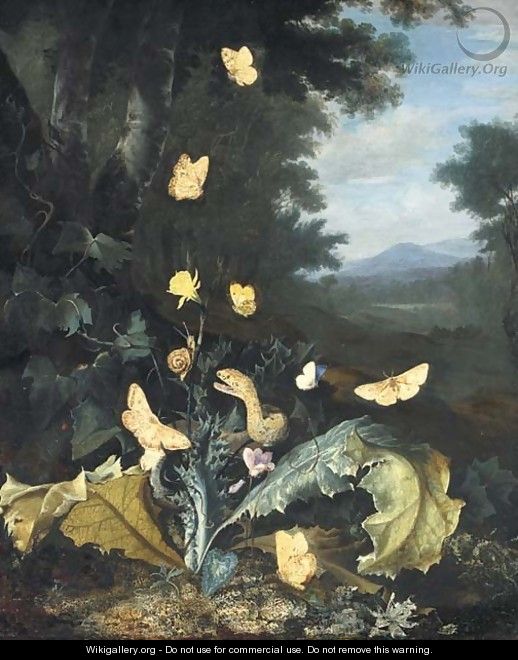 A forest floor still life with a snake, butterflies, a ladybird and a snail, a mountainous landscape beyond - Otto Marseus Van Schrieck