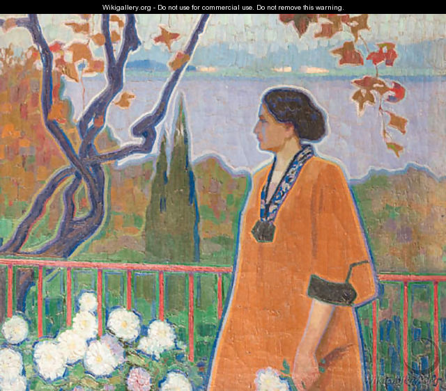 A lady in an autumn landscape near a lake - Otto Boyer