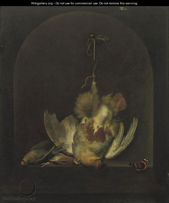 A dead partridge hanging from a nail with two other dead birds in a painted niche, a butterfly nearby - Ottmar The Elder Elliger