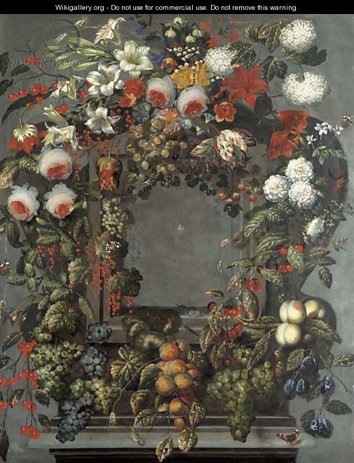 A garland of lilies, rose, tulips and other flowers with bunches of black and white grapes on the vine, cherries, strawberries and other fruit around - Ottmar The Elder Elliger