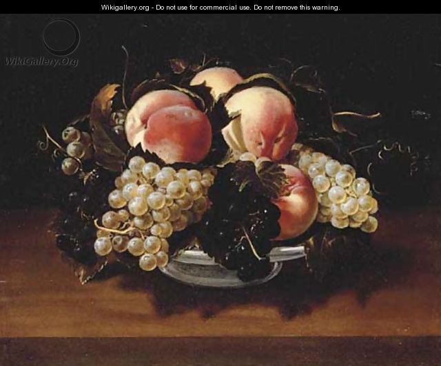 Peaches and grapes in a glass bowl on a stone ledge with a wasp - Panfilo Nuvolone