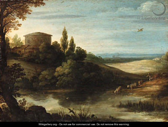 A landscape with a drover and cattle watering at a pond - Paul Bril