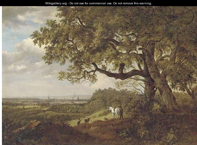 Figures on a viewpoint overlooking a town - Patrick Nasmyth