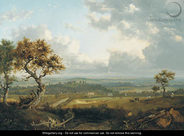 An extensive landscape with figures and cattle in the foreground and a village beyond - Patrick Nasmyth