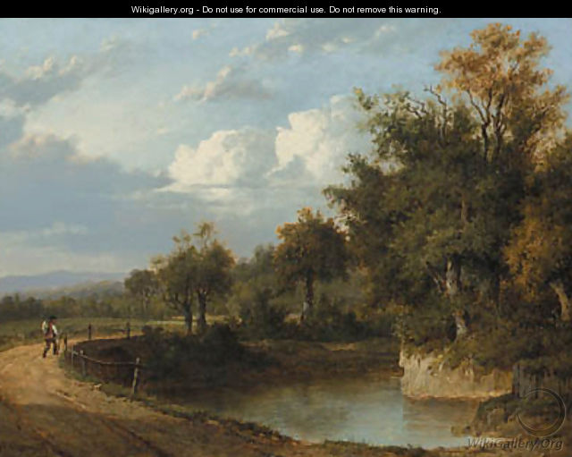 A wooded river landscape with a traveller on a track - Patrick Nasmyth