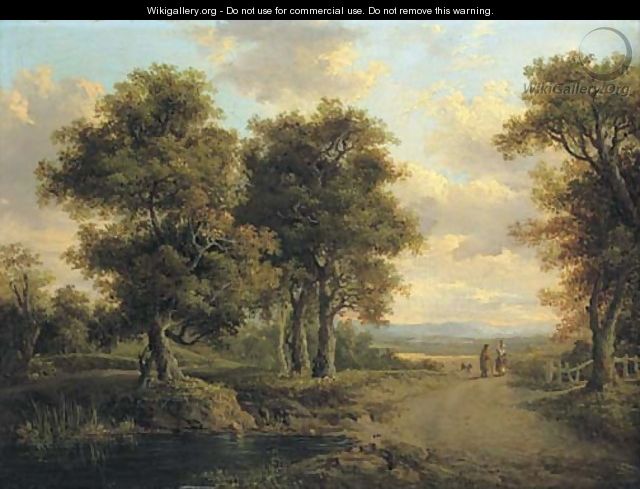 A wooded landscape with a pond in the foreground and figures on a path in the distance - Patrick Nasmyth