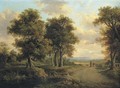 A wooded landscape with a pond in the foreground and figures on a path in the distance - Patrick Nasmyth