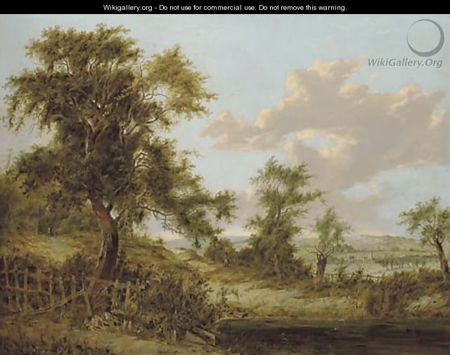 A wooded landscape in Surrey with figures, the village of Godstone beyond - Patrick Nasmyth