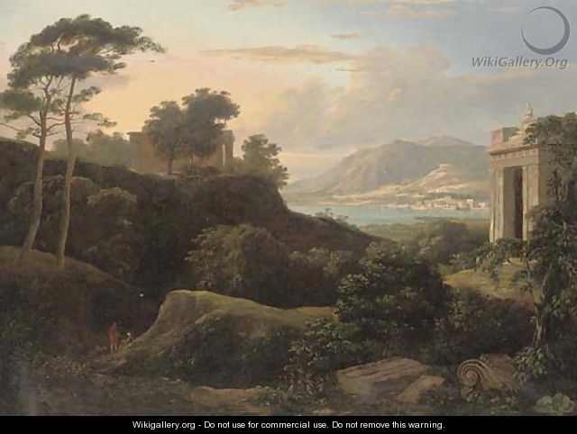 An Italianate coastal landscape, with classical ruins and figures in the foreground, a town beyond - Patrick Gibson