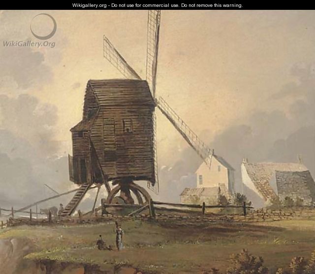 Figures before a coastal windmill - Norwegian School
