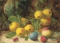 Apples, a peach, a plum and a strawberry, on a mossy bank - Oliver Clare