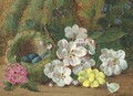 Apple blossom, primroses and a bird's nest with eggs, on a mossy bank - Oliver Clare