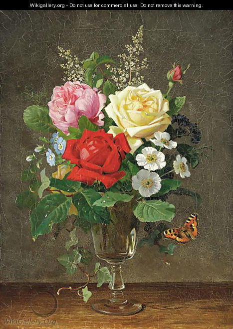 A vase of roses with a butterfly - Olaf August Hermansen