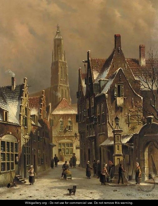 Numerous townsfolk in a city in winter - Oene Romkes De Jongh