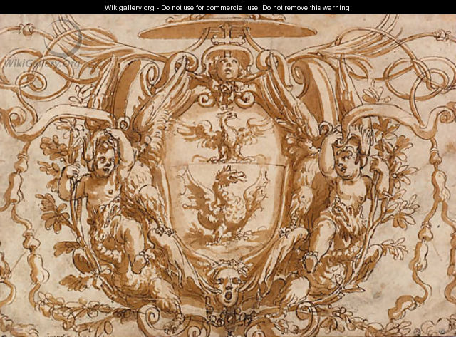 The arms of a Borghese Cardinal, in a cartouche flanked by putti - Oliviero Gatti