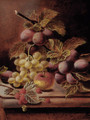 Plums, raspberries, grapes, and an apple on a ledge - Oliver Clare