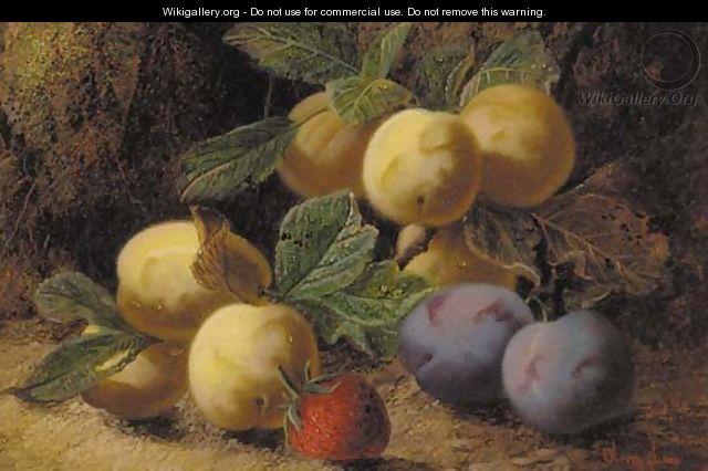Plums and a strawberry on a mossy bank - Oliver Clare