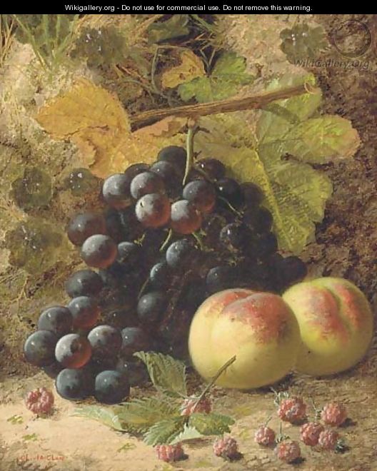 Peaches, grapes and raspberries on a mossy bank - Oliver Clare
