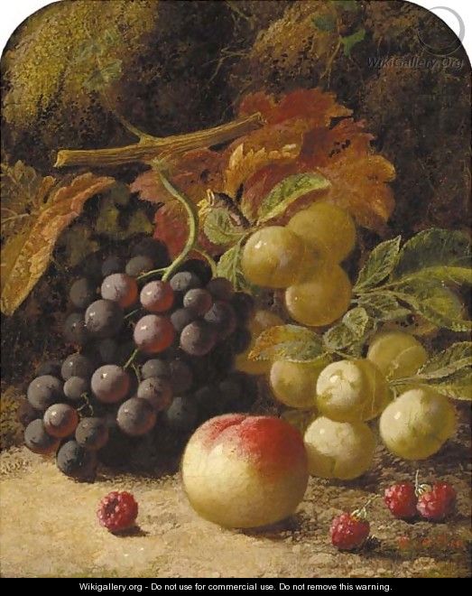 Greengages, grapes, raspberries and a peach, on a mossy bank - Oliver Clare