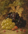 Grapes, raspberries, and strawberries, on a mossy bank - Oliver Clare