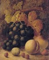 Grapes, peaches, raspberries, a greengage and a strawberry, on a mossy bank - Oliver Clare